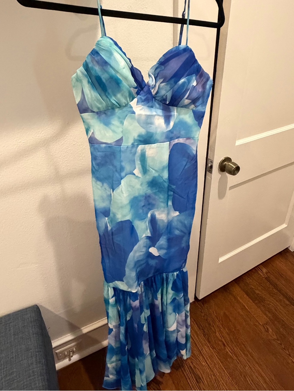 Blue Floral Maxi Dress with Adjustable Spaghetti Straps
